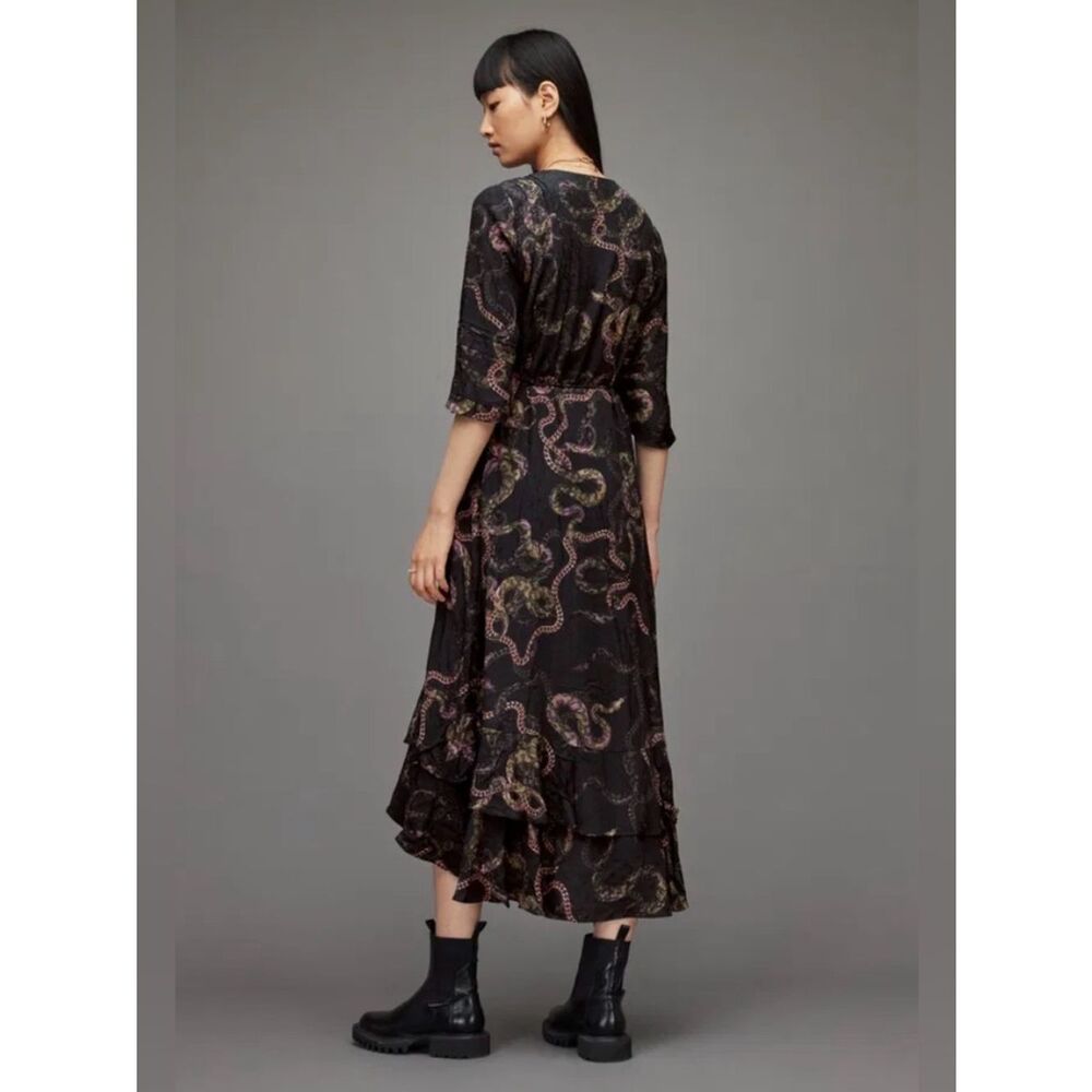 AllSaints Delana Tempest Wrap Slip Dress in deep green with snake- print - Picture 3 of 12